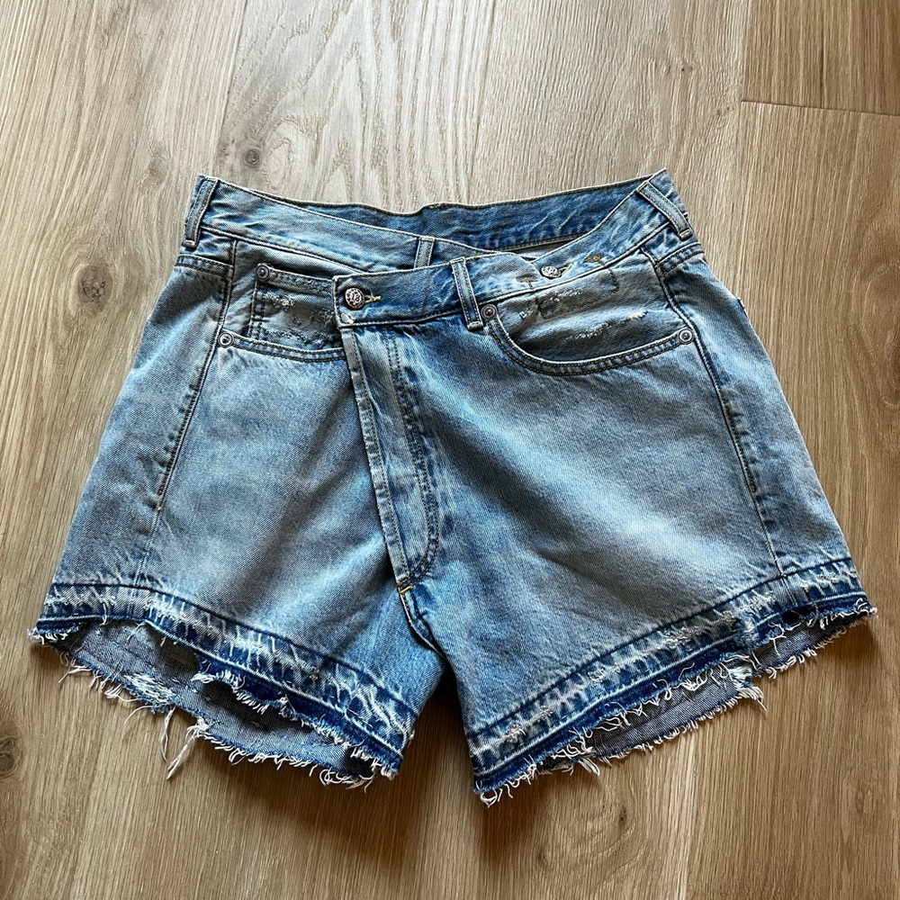 R13 Blue Jean Shorts Distressed Cut-Off Style Crossover waist